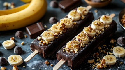 Chocolate-Covered Banana Pops Decorated with Sliced Bananas and Chopped Nuts on a Dark Surface
