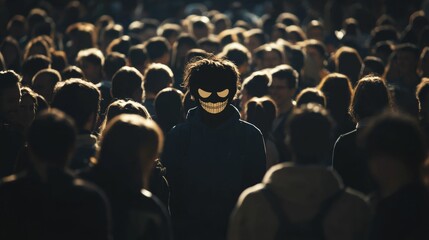 Crowd with one person showing a large smile mask.