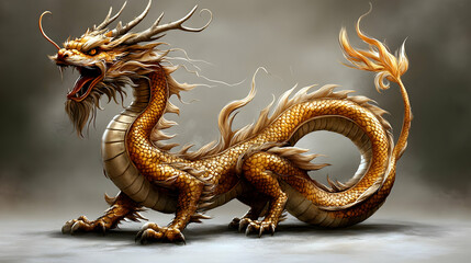 Fototapeta premium Golden Dragon Roars Fiercely with Antlers and Scales in a Mystical Illustration