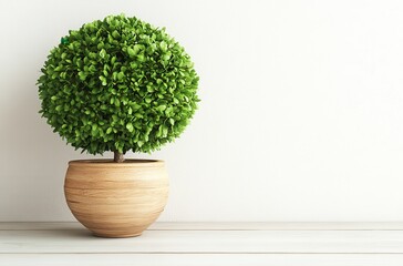 Fototapeta premium Lush green spherical plant in a light brown pot sits on a white wooden surface against a white wall. The image has a minimalist and serene feel