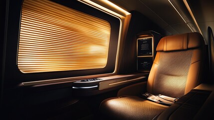 Interior of luxurious train car with sunlit window.