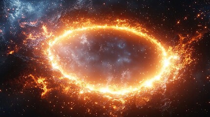 Stunning cosmic scene featuring a fiery oval structure amidst swirling galaxies and stars