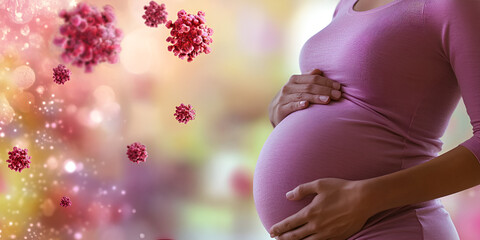 Pregnant woman with virus particles floating, Expecting mother with health concept
