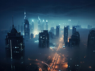 Obraz premium City skyscrapers and highways emerge from dense fog at night, creating a futuristic and enigmatic cityscape illuminated by glowing lights and striking shadows