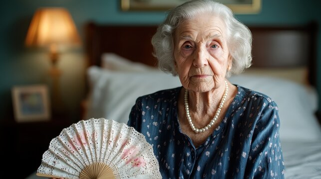 An elderly woman holding a decorative fan showcases elegance, showcasing her poise in a beautifully designed room, capturing emotions of wisdom and heritage.