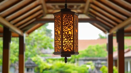 Intricate Wooden Lantern Hanging Underneath A Wooden Structure