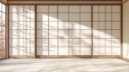 Serene Japanese interior with shoji screens, soft light, and natural elements in the background