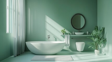 Modern bathroom with green walls, a freestanding bathtub, a round mirror, and a white toilet.