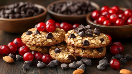 Fototapeta premium Oatmeal Cookies with Chocolate Chips, Cranberries, and Almonds on Rustic Wooden Table