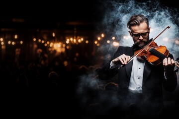 Fototapeta premium A violinist passionately playing on a grand stage, illuminated by a spotlight while the audience fades into darkness