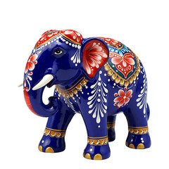 Decorated Blue Elephant Figurine with Colorful Floral Patterns On Transparent Background

