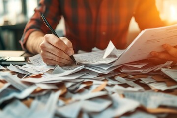 An accountant processing reimbursement claims, inputting data into a spreadsheet with multiple documents spread on the desk