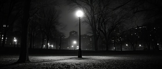 A single street lamp illuminates a foggy night in a park, with silhouetted trees and buildings in the background.