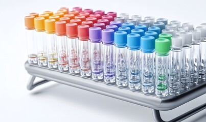 Colorful test tubes in rack, lab setting, medical research, clinical analysis