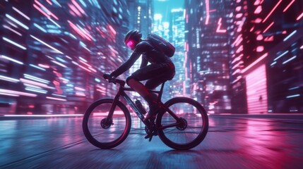 Fototapeta premium Night Rider: Cyberpunk Cyclist in Neon City