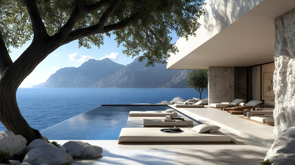 Fototapeta premium Luxury Villa with Infinity Pool Overlooks Tranquil Ocean and Majestic Mountains with Trees