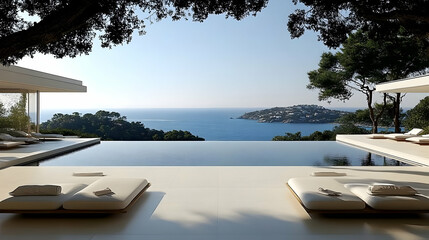 Fototapeta premium Infinity Pool Overlooks Tranquil Ocean and Lush Island with Modern Architecture and Patio Loungers.