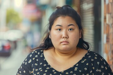 Portrait of a young plus size asian woman with a serious face in an urban environment