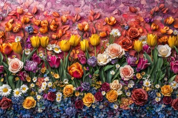 A vibrant multi-colored flower wall with a mix of tulips, roses, and daisies in rich hues, perfectly arranged against a smooth backdrop for a stunning visual impact.