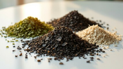 Assorted Piles of Loose Leaf Tea on White Surface, Soft Natural Light, Close-U