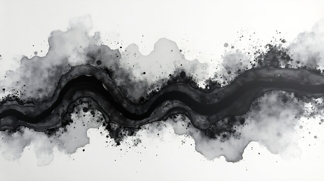 Black alcohol ink paint stroke flowing on white background. Watercolor splash, painting effect. Marble style. Abstract art design. Smoke or marble canvas texture
