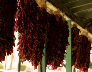 Hanging ristras between green columns in Old Town