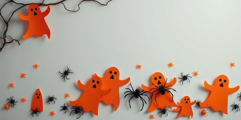 Naklejka premium Creepy orange paper cutouts in the shape of ghosts and spiders on a wall, Halloween decorations, orange cutouts, ghost cutouts