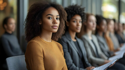 Obraz premium Confident Young Woman Sits in First Row at a Business Seminar or Conference Attentively