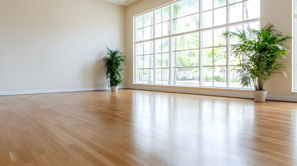 Bright studio room with hardwood floor, large window, plants. Yoga, meditation, or dance class background