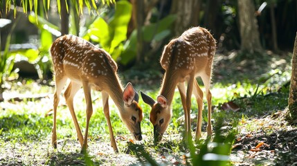 A family of deer grazing in a jungle clearing.