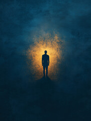 Obraz premium A silhouette of a man standing in a dark space, illuminated by a warm golden light behind him, creating a dramatic contrast against the blue background.