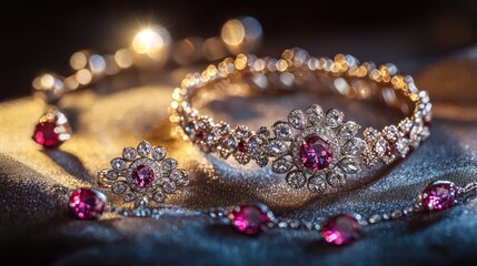 A jewelry set highlighted under dramatic spotlighting.