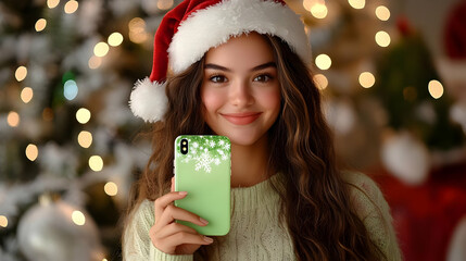 Woman Shows Festive Phone Case in Front of Christmas Tree with Twinkling Lights