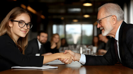 Fototapeta premium Business professionals shaking hands over a signed contract, symbolizing a successful agreement and future collaboration - UHD 4K Image 