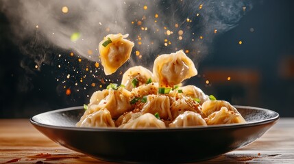 An eye-catching display of dumplings being tossed in the air, surrounded by spices and herbs, highlighting their vibrant colors and joyful cooking experience captured in motion.