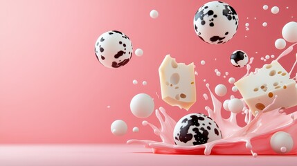 An artistic splash of white cheese and spotted black balls captures the essence of creativity and fun, set against a soft pink background.