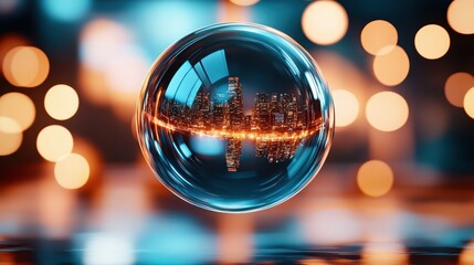 An enchanting bubble encapsulating a city skyline at night, presenting a fascinating juxtaposition of light and reflection that evokes a sense of wonder.