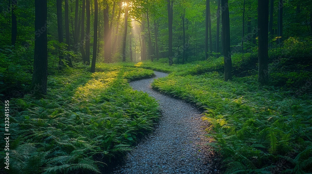 Poster Winding through a lush forest, the path is softly illuminated by rays of sun filtering through the mist. Ferns hug the ground, creating a serene atmosphere of peace and tranquility