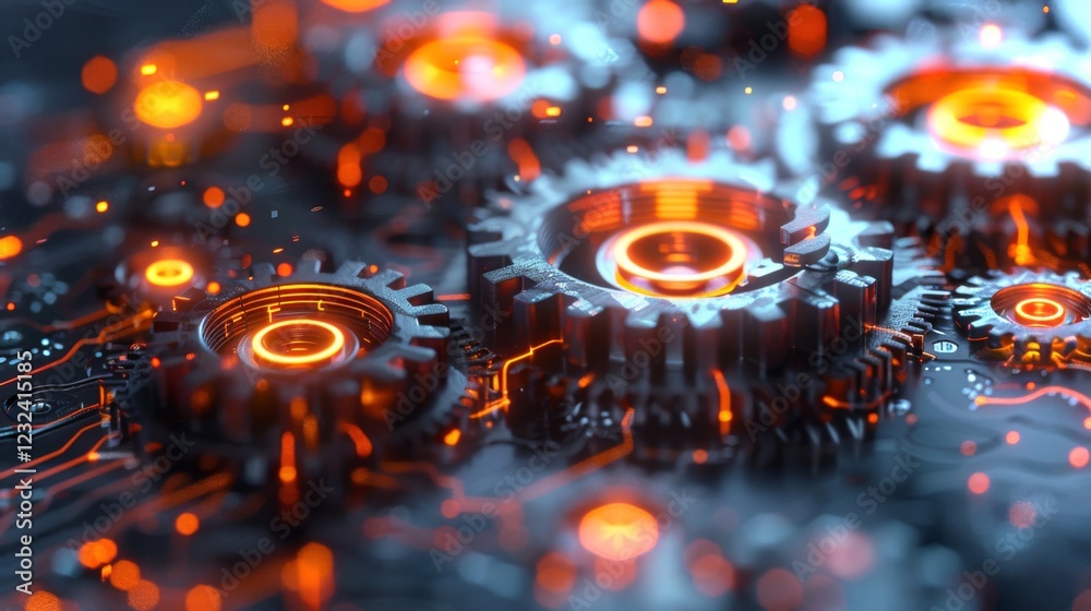 Poster Gears interlock intricately against a background of glowing circuit patterns, emitting an orange light that creates a high tech ambiance often seen in modern design.
