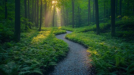 Fototapeta premium Winding through a lush forest, the path is softly illuminated by rays of sun filtering through the mist. Ferns hug the ground, creating a serene atmosphere of peace and tranquility