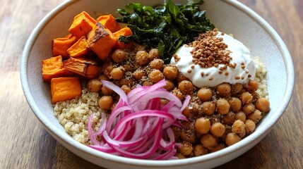 Vibrant Quinoa Bowl: A colorful and wholesome quinoa bowl brimming with roasted sweet potatoes, chickpeas, red onion, and a dollop of creamy yogurt, topped with a sprinkle of sesame seeds.