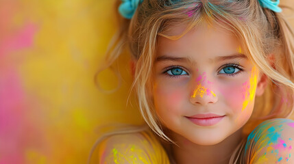 Fototapeta premium Close-up Photo of a Child with Colorful Paint on Her Face in Front of a Colorful Backdrop