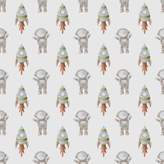 Colorful watercolor pattern of baby astronauts and rockets in a playful space theme