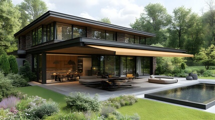 Fototapeta premium Modern House with Retractable Awning, Pool, and Lush Garden Creates a Tranquil Oasis.