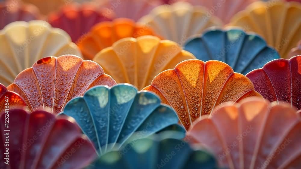 Poster a close up of a colorful array of flower shaped objects. the objects are in various colors and sizes