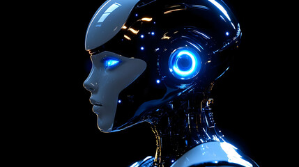 3D Illustration of Futuristic Robot Woman with Glowing Blue Eyes on Dark Background
