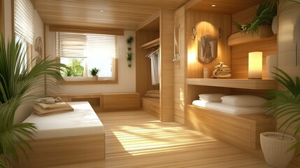 Fototapeta premium Sunlight floods minimalist wooden bedroom, built-in closet, tropical plants