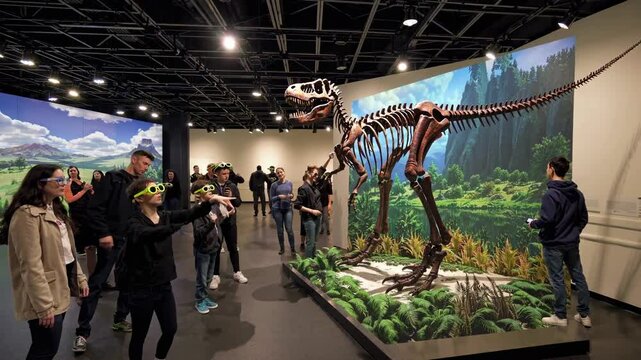 Explore an interactive exhibit featuring a life-sized dinosaur skeleton and high-tech holographic displays in a modern museum