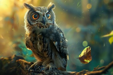 Obraz premium Owl with big orange eyes perches on a branch in a magical forest as a leaf gently falls nearby