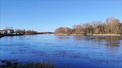 A beautiful autumn landscape with yellowed trees on bank of River. Ducks on the river.